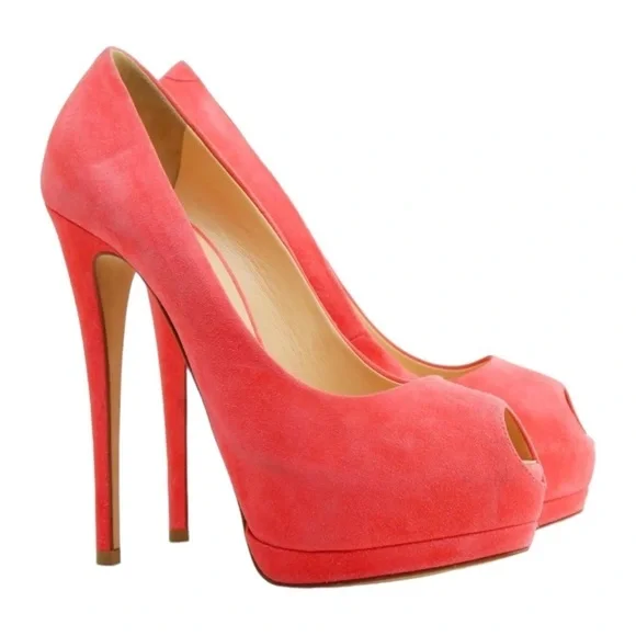 Giuseppe Zanotti Coral Pink Suede Sharon Peep Toe Platform Pumps Size 38.5 - Picture 2 of 5